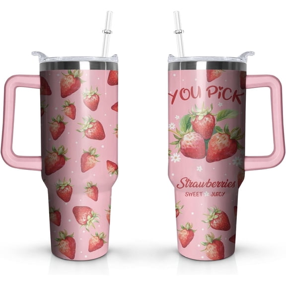 40oz Strawberry Tumbler with Handle and Straw Strawberry Insulated Cup with Leakproof Lid Coffee Mug Travel Drinking Cups Birthday Gifts for Men Women