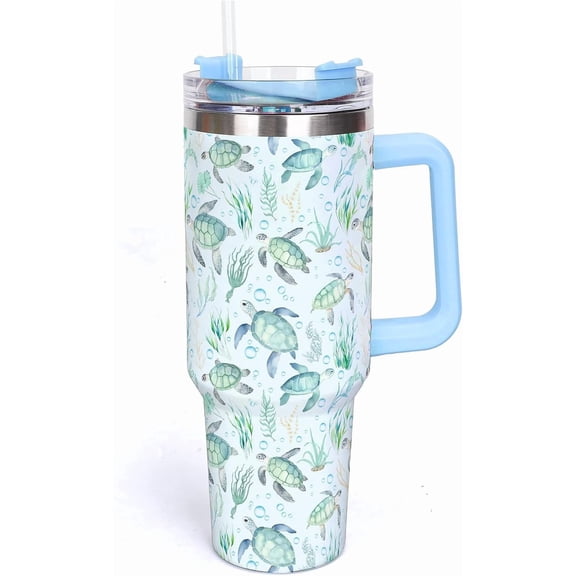40oz Summer Sea Turtle Tumbler with Handle Straw and Lid Travel Tumbler Coffee Cup for Women Friend Party Home Office