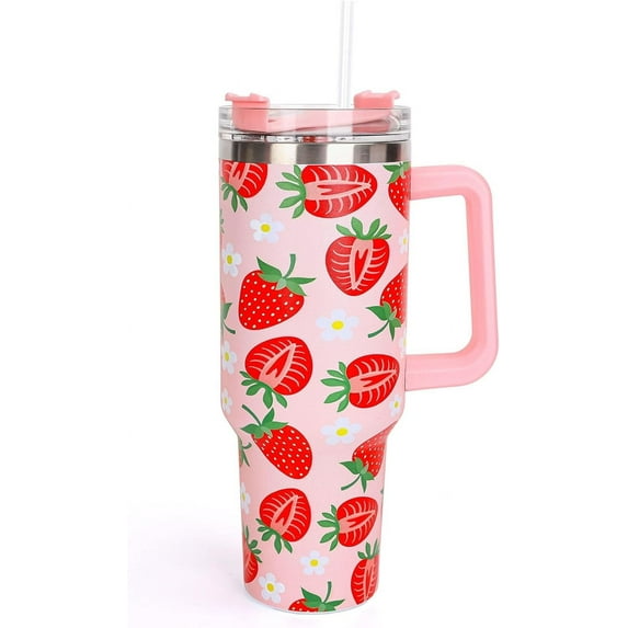 40oz Summer Strawberry Travel stainless steel Tumbler with Handleand Lid - Red Pink Coffee Cup Gift for Women Friends (Holiday/Birthday)