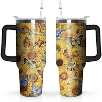 40oz Sunflower Butterfly Tumbler with Handle and Straw Lid, Yellow Sunflower Stainless Steel Travel Mug with Butterfly Design, Perfect for Nature Lovers, Women, Men Birthday Gifts