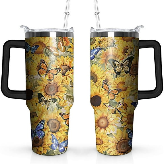 40oz Sunflower Butterfly Tumbler with Handle and Straw Lid, Yellow Sunflower Stainless Steel Travel Mug with Butterfly Design, Perfect for Nature Lovers, Women, Men Birthday Gifts