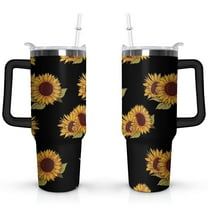 40oz Sunflower Tumbler with Handle Lid and Straw,Cute Floral Tumblers Gifts for Women Girls Men Adults（Black）