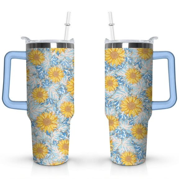 40oz Sunflower Tumbler with Handle Lid and Straw,Cute Floral Tumblers Gifts for Women Girls Men Adults（Light-blue）