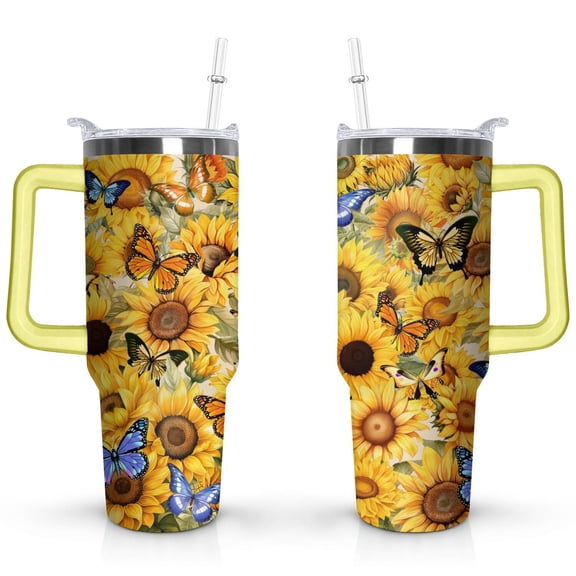 40oz Sunflower Tumbler with Handle Lid and Straw,Cute Floral Tumblers Gifts for Women Girls Men Adults(Yellow)