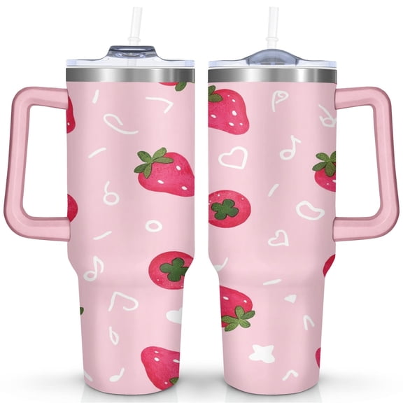 40oz Sweet Berry Tumbler - BPA-Free Vacuum Insulated Cup with Handle - Cartoon Strawberry Cake Design for Outdoor Enthusiasts