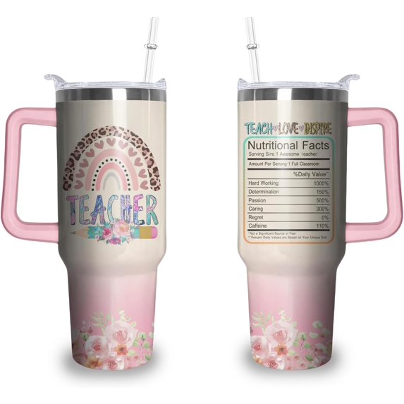 40oz Teacher Tumbler with Handle and Straw, Appreciation Insulated Stainless Steel Cup, Birthday Travel Coffee Mug Water Bottle, Teachers Day Gifts for Women Men