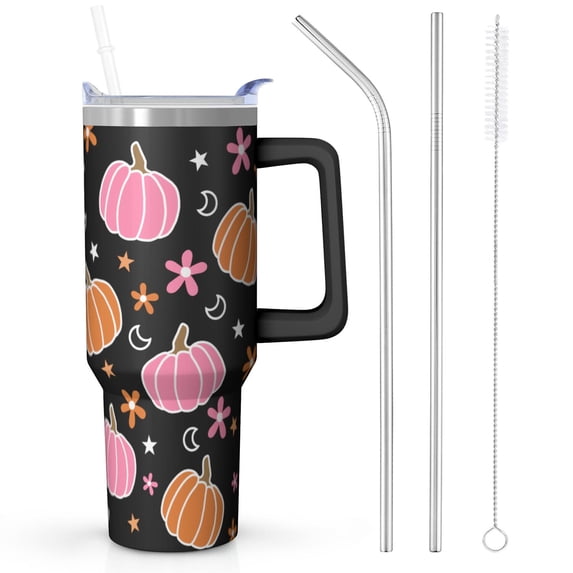 40oz Thanksgiving Tumbler Set - Pumpkin Design Cup + Cleaning Brush | Insulated Stainless w/Handle Straw | Women Gift