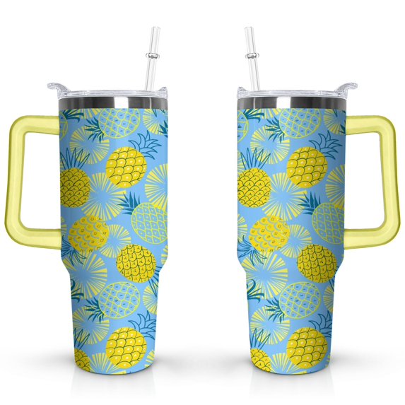 40oz Tropical Pineapple Pattern Stainless Steel Flip Straw Tumbler Spill Proof Travel Cup Double Wall Vacuum Insulated Coffee Mug with Top Handle