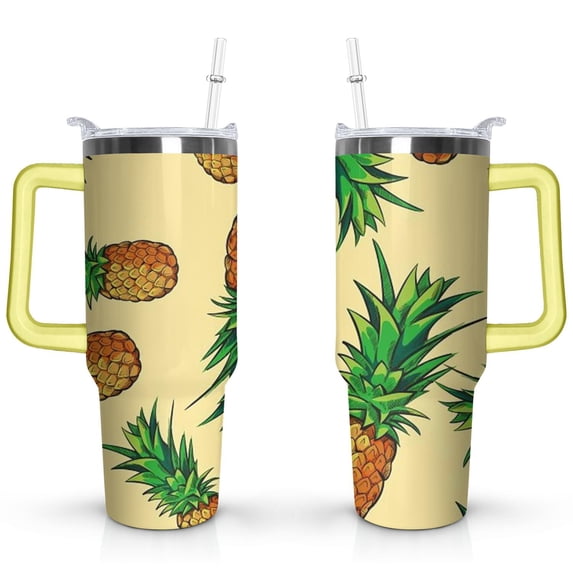 40oz Tropical Pineapple Pattern Stainless Steel Flip Straw Tumbler Spill Proof Travel Cup Double Wall Vacuum Insulated Coffee Mug with Top Handle