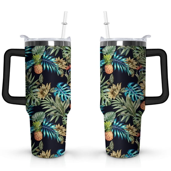 40oz Tropical Pineapple Pattern Stainless Steel Flip Straw Tumbler Spill Proof Travel Cup Double Wall Vacuum Insulated Coffee Mug with Top Handle