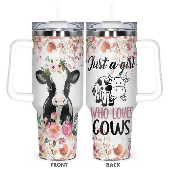 40oz Tumbler, 1 Count Floral & Cow Pattern Stainless Steel Insulated Cup, Cute Cow Cartoon Pattern Design Water Bottle, Perfect for Everyday Use, Drinkware