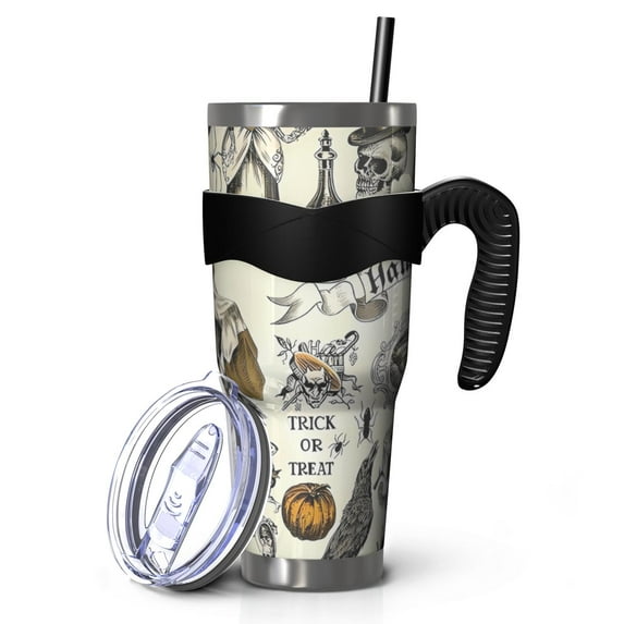 40oz Tumbler,Beige Halloween Skull Pumpkin Pattern Insulated Tumblers with Removable Handle,Stainless Steel Double Vacuum Coffee Tumbler Cup with Straw for Home,Office,Travel,Party