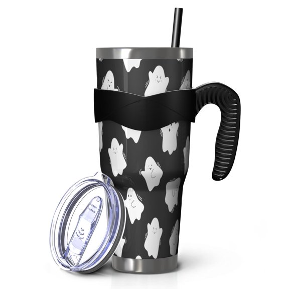 40oz Tumbler,Black Halloween White Ghosts Insulated Tumblers with Removable Handle,Stainless Steel Double Vacuum Coffee Tumbler Cup with Straw for Home,Office,Travel,Party