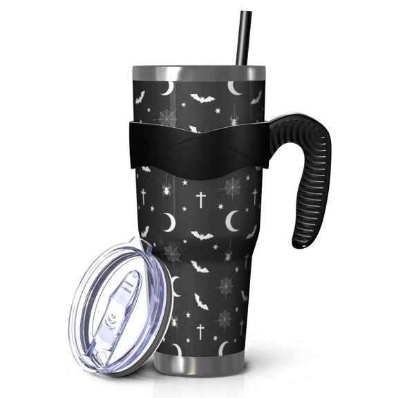 40oz Tumbler,Black White Halloween Bat Moon Spider Pattern Insulated Tumblers with Removable Handle,Stainless Steel Double Vacuum Coffee Tumbler Cup with Straw for Home,Office,Travel,Party