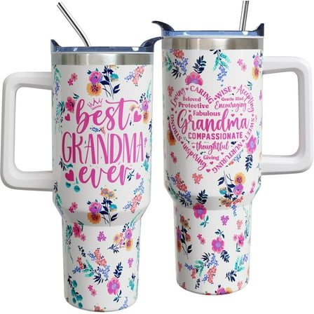 Mothers Day Birthday Practical Gifts for Grandma from Grandkids, 40 oz Best Grandma Ever Cup Tumbler with Handle Lid and Straw, Grandmother Gifts
