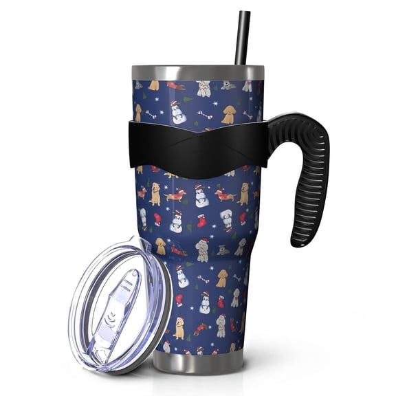 40oz Tumbler,Dark Blue Christmas Dog and Snowman Pattern Insulated Tumblers with Removable Handle,Stainless Steel Double Vacuum Coffee Tumbler Cup with Straw for Home,Office,Travel,Party