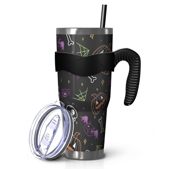 40oz Tumbler,Halloween Colorful Spooky Elements Insulated Tumblers with Removable Handle,Stainless Steel Double Vacuum Coffee Tumbler Cup with Straw for Home,Office,Travel,Party