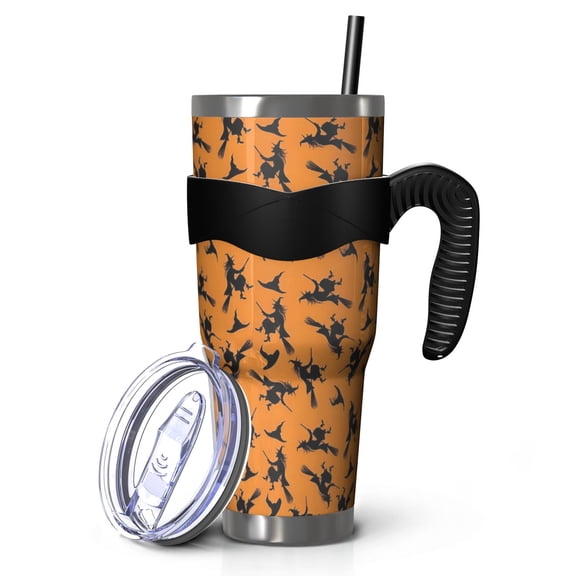 40oz Tumbler,Halloween Witches on Brooms Pattern Insulated Tumblers with Removable Handle,Stainless Steel Double Vacuum Coffee Tumbler Cup with Straw for Home,Office,Travel,Party