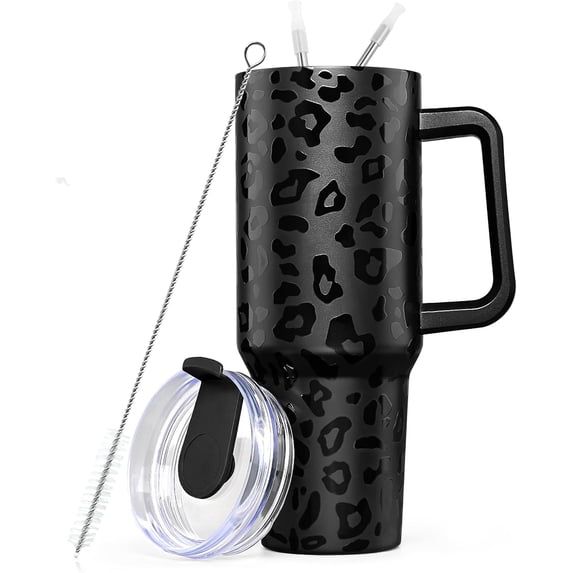 40oz Tumbler with Handle, Double Wall Vacuum Insulated Coffee Tumbler Mug, Stainless Steel Insulated Travel Tumbler with Lid and Straw, Thermal Cup for Home Outdoor, Leopard Black