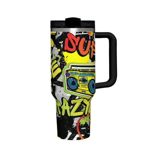 40oz Tumbler with Handle, Fits Car Cup Holder, Travel Mug Water Bottle with Straw, 90s Retro Graffiti Gamer Print, Perfect Halloween Birthday Christmas Gift