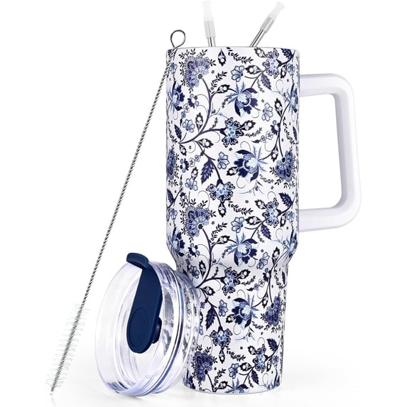 40oz Tumbler with Handle, Stainless Steel Insulated Travel Tumbler with Lid and Straw, Double Wall Vacuum Insulated Tumbler Mug, Thermal Cup for Home Outdoor, Blue and White Porcelain