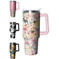 thumbnail image 1 of 40oz Tumbler with Handle and Straw Lid Dog Flower Printed Double Wall Vacuum Water Bottle Drinks Hot or Cold Reusable Stainless Steel Travel Mug Gift for Woman, 1 of 6