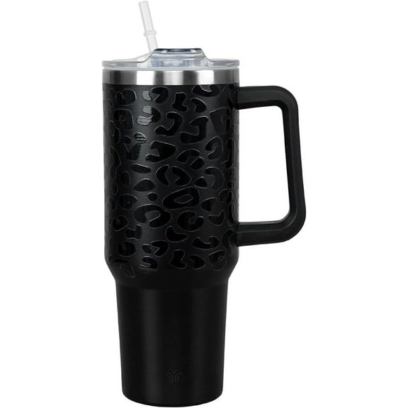 40oz Tumbler with Handle and Straw Lid | Vacuum Insulated Leak Proof Tumbler | Stainless Steel Travel Mug Water Bottle Cup Keeps Cold & Hot | Black Leopard