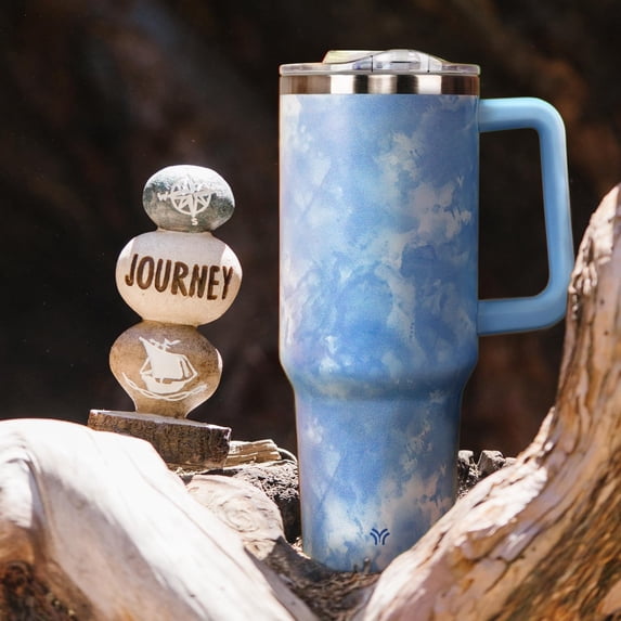 40oz Tumbler with Handle and Straw Lid | Vacuum Insulated Leak Proof Tumbler | Stainless Steel Travel Mug Water Bottle Cup Keeps Cold & Hot | Blue Tiedye