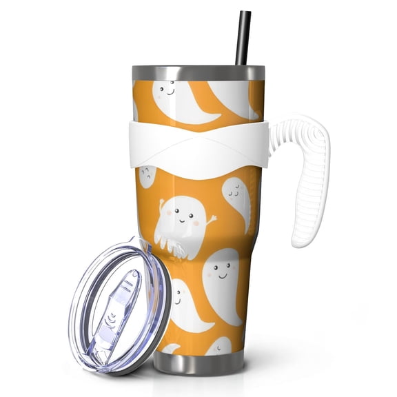 40oz Tumbler,Kawaii Halloween Ghosts Pattern Insulated Tumblers with Removable Handle,Stainless Steel Double Vacuum Coffee Tumbler Cup with Straw for Home,Office,Travel,Party
