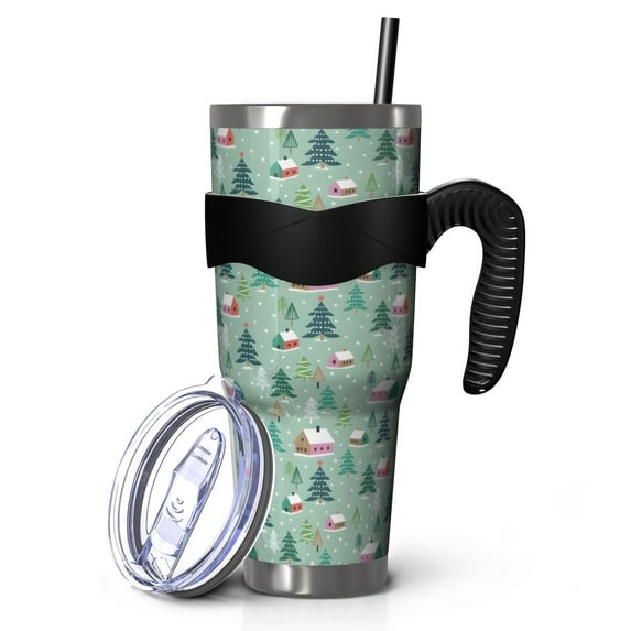 40oz Tumbler,Light Green Christmas Village Pattern Insulated Tumblers with Removable Handle,Stainless Steel Double Vacuum Coffee Tumbler Cup with Straw for Home,Office,Travel,Party
