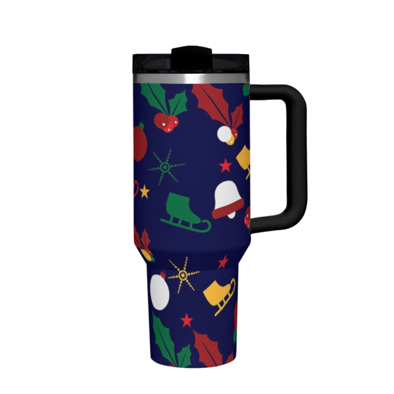 40oz Tumbler, Navy Christmas Icons Print Water Bottle, Travel Mug, Car Cup Friendly, Halloween Christmas Thanksgiving Birthday Gift