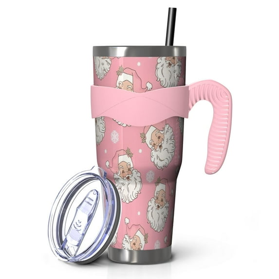 40oz Tumbler,Pink Christmas Santa Pattern Insulated Tumblers with Removable Handle,Stainless Steel Double Vacuum Coffee Tumbler Cup with Straw for Home,Office,Travel,Party