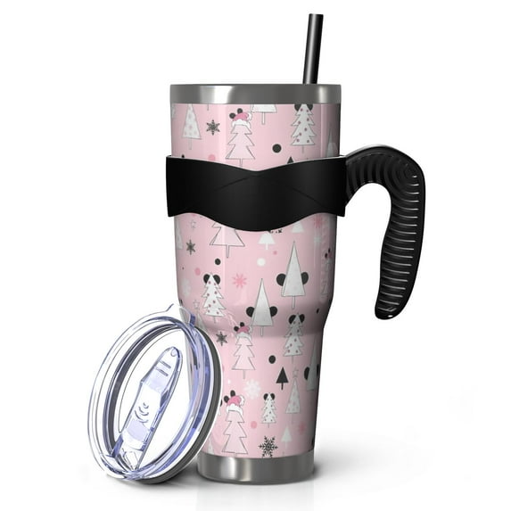 40oz Tumbler,Pink Christmas Tree Pattern Insulated Tumblers with Removable Handle,Stainless Steel Double Vacuum Coffee Tumbler Cup with Straw for Home,Office,Travel,Party