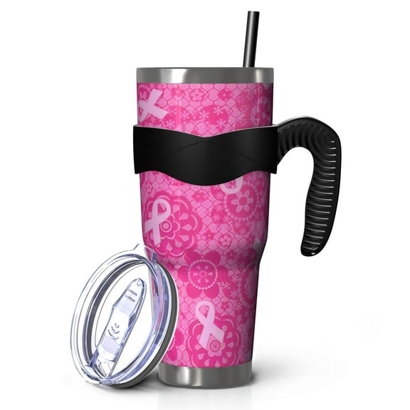 40oz Tumbler,Pink Ribbon Pattern Insulated Tumblers with Removable Handle,Stainless Steel Double Vacuum Coffee Tumbler Cup with Straw for Home,Office,Travel,Party