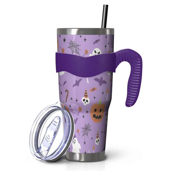 40oz Tumbler,Purple Halloween Pattern Insulated Tumblers with Removable Handle,Stainless Steel Double Vacuum Coffee Tumbler Cup with Straw for Home,Office,Travel,Party