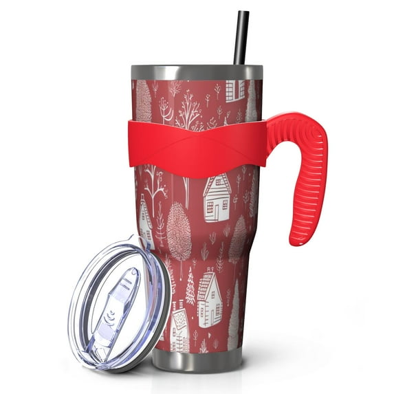 40oz Tumbler,Red Christmas Village Pattern Insulated Tumblers with Removable Handle,Stainless Steel Double Vacuum Coffee Tumbler Cup with Straw for Home,Office,Travel,Party