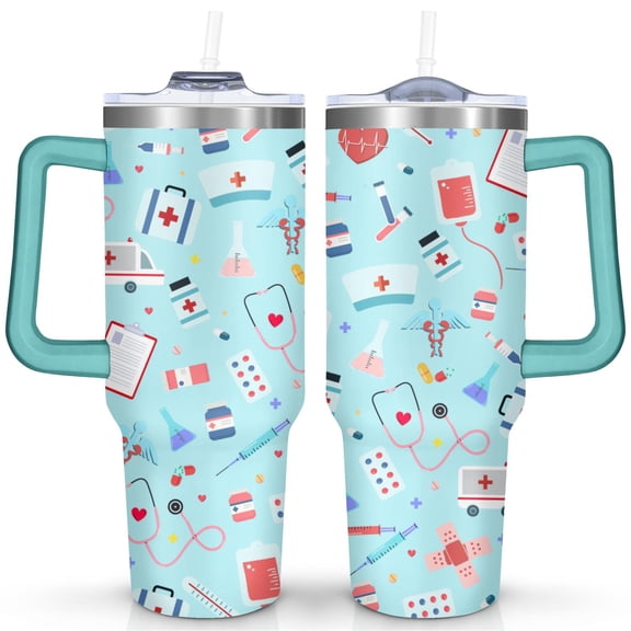 40oz Tumbler with Handle & Straw, Stainless Steel Insulated Cup, Leak Proof Travel Mug, Keeps Drinks Hot/Cold, Nurse Coffee Cup, Gifts for Women Men