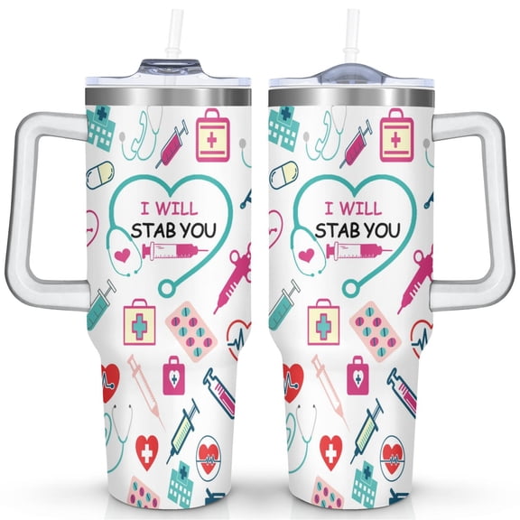 40oz Tumbler with Handle & Straw, Stainless Steel Insulated Cup, Leak Proof Travel Mug, Keeps Drinks Hot/Cold, Nurse Coffee Cup, Gifts for Women Men