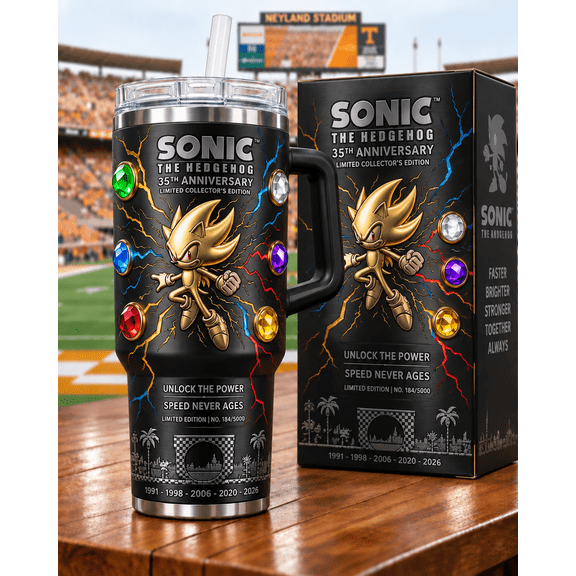 40oz Tumbler with Handle Super Sonic 35th Anniversary Chaos Emeralds Travel Mug
