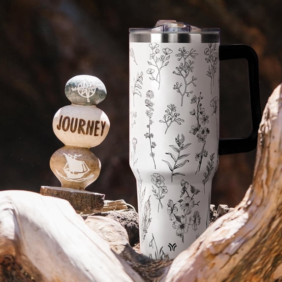 40oz Tumbler with Handle and Straw Lid | Vacuum Insulated Leak Proof Tumbler | Stainless Steel Travel Mug Water Bottle Cup Keeps Cold & Hot | Flowers