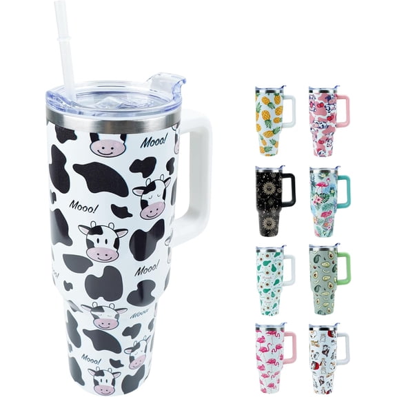 40oz Tumbler with Handle and Straw, Stainless Steel Insulated Cup, Leak Proof Lid | Keeps Drinks Cold/Hot for Hours, Pineapple Design