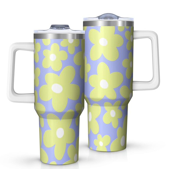 40oz Tumbler with Handle and Straw, Vacuum Insulated Stainless Steel Travel Mug, Fits Car Cup Holder, Daisy Floral Print
