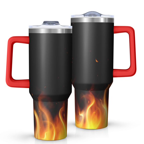 40oz Tumbler with Handle and Straw, Vacuum Insulated Stainless Steel Travel Mug, Fits Car Cup Holder, Flame Print
