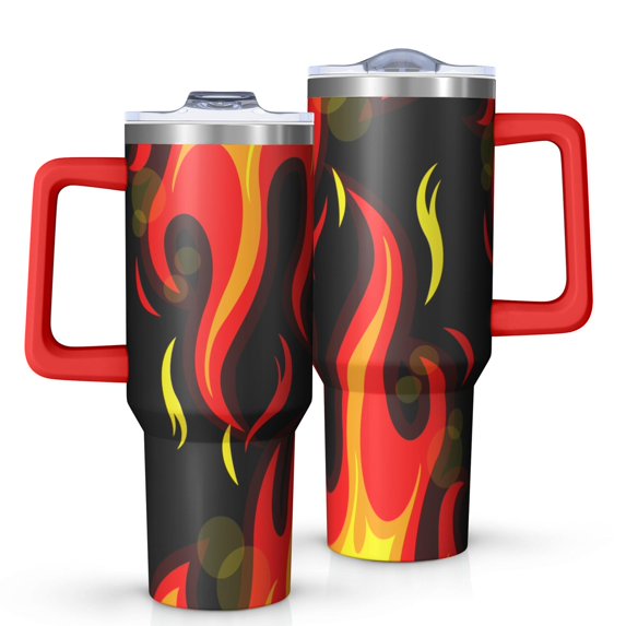 40oz Tumbler with Handle and Straw, Vacuum Insulated Stainless Steel Travel Mug, Fits Car Cup Holder, Flame Print