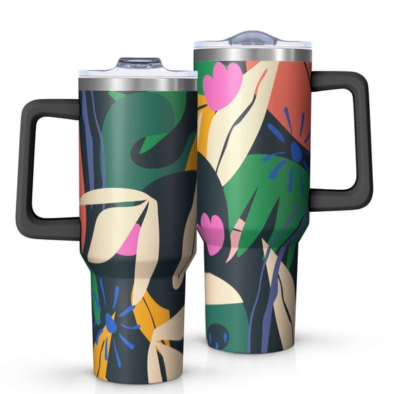 40oz Tumbler with Handle and Straw, Vacuum Insulated Stainless Steel Travel Mug, Fits Car Cup Holder, Tropical Jungle Print