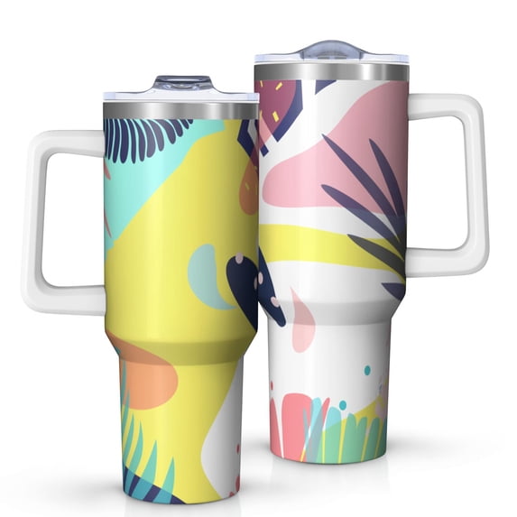 40oz Tumbler with Handle and Straw, Vacuum Insulated Stainless Steel Travel Mug, Fits Car Cup Holder, Tropical Jungle Print