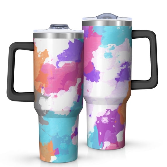 40oz Tumbler with Handle and Straw, Vacuum Insulated Stainless Steel Travel Mug, Fits Car Cup Holder, Watercolor, Splatter Painting Print