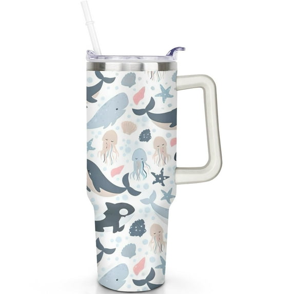 40oz Vacuum Insulated Shark Tumbler with Handle Flip Straw Lid Leak Proof Shark Tumblers with Lids Straws Stainless Steel Gifts