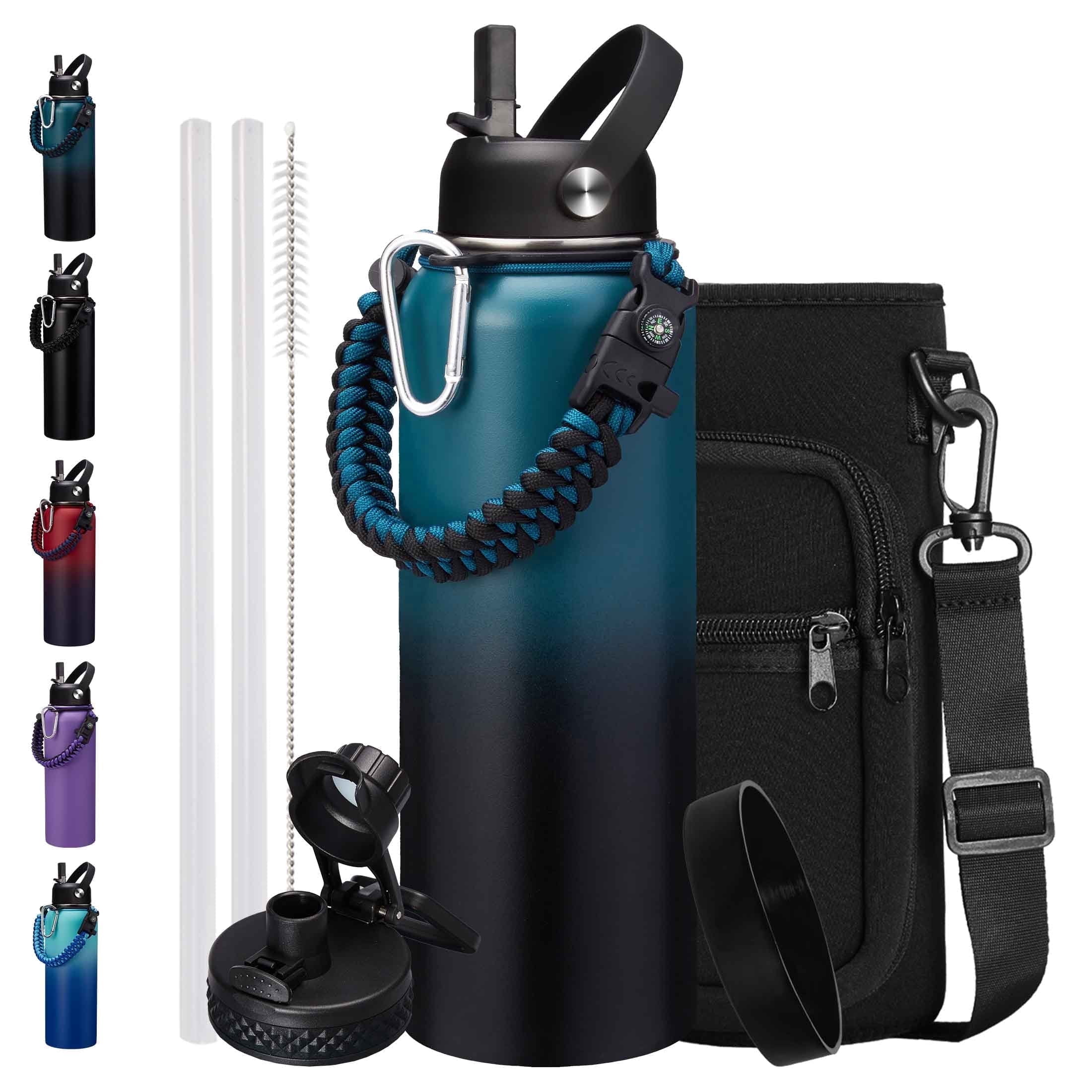 40oz Insulated Water Bottle with Straw & Spout Lid, Cold-48H Hot-24H, Stainless Steel Water Jug Sport Metal Flask w/ Paracord Handle,Carrier Bag,Boot