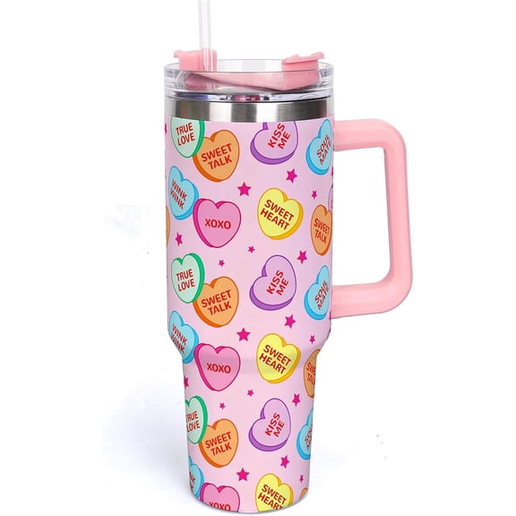 40oz Valentine''s Day Tumbler with Handle Straw and Lid Travel Tumbler Conversation Heart Coffee Cup for Women Friend Holiday Birthday Gift